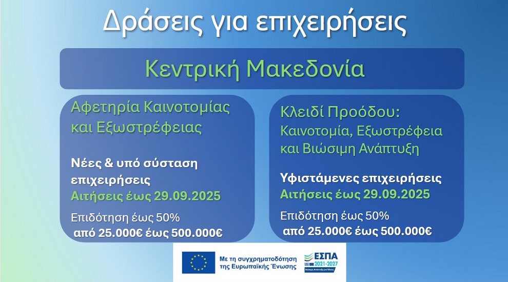 Δράσεις επιχειρηματικότητας στην Περιφέρεια Κεντρικής Μακεδονίας